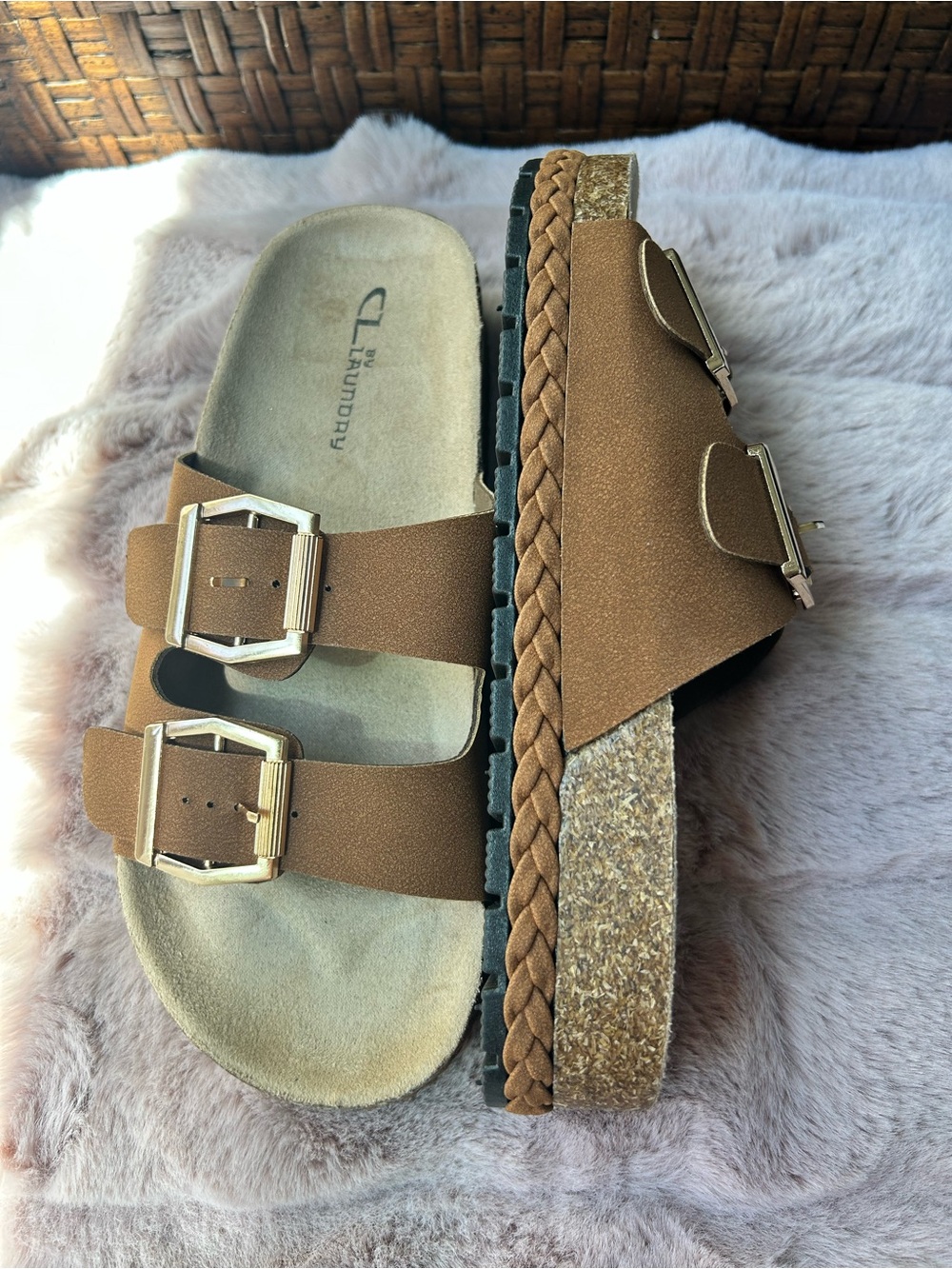 Chinese Laundry Tan Double Buckle Braided Platform Slides